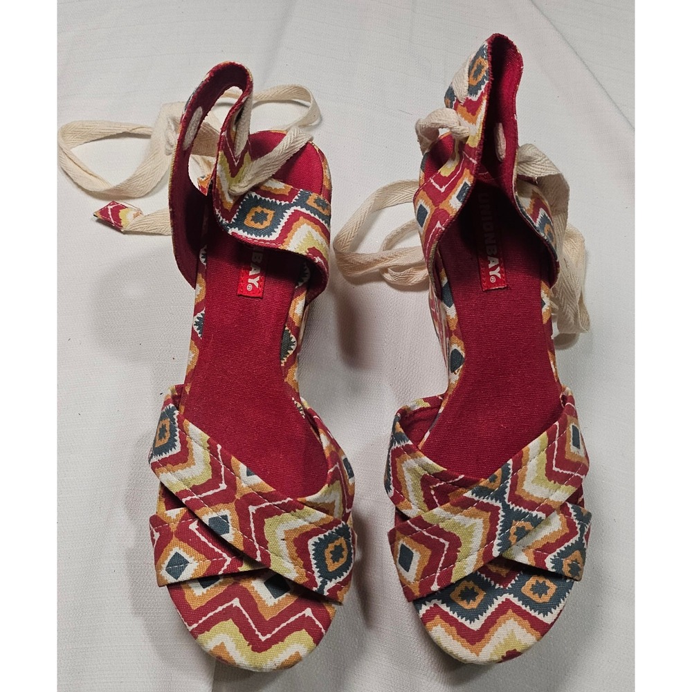 Unionbay Wedge Sandals Espadrille Lace Up Geometric Aztec Print Womens 6.5